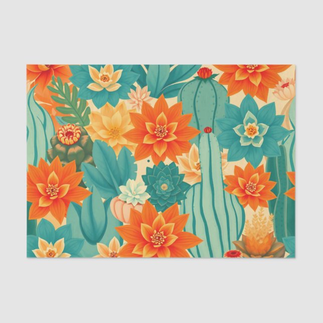 Teal Orange Desert Cactus Bloom Tissue Paper (Front)