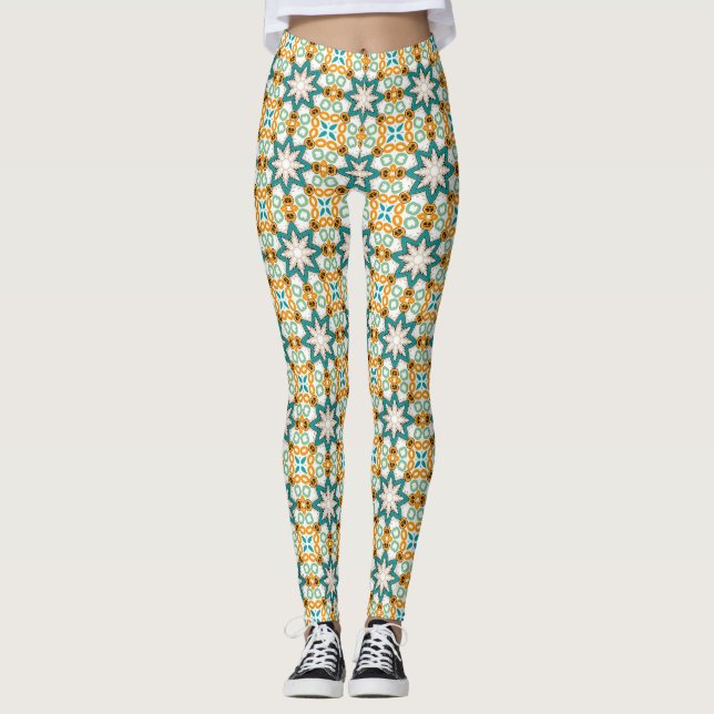 Teal Orange Floral Geometric Pattern Leggings (Front)