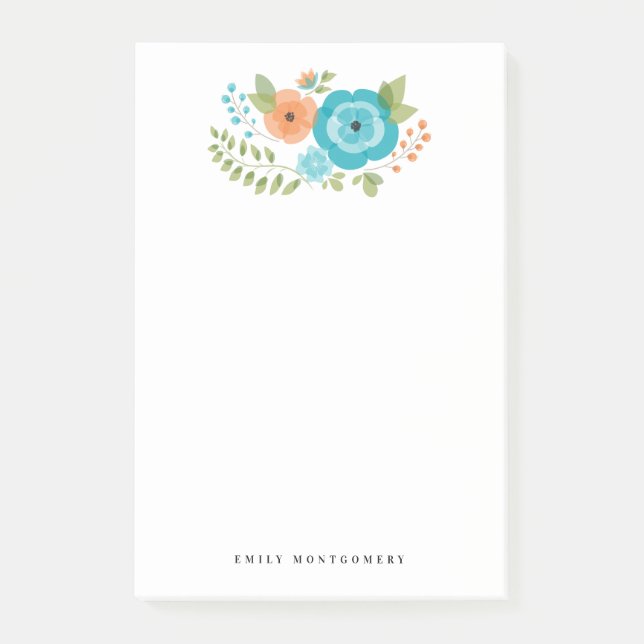 Teal Orange Floral Greenery Personal Monogram Post-it Notes (Front)