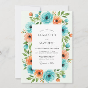 Teal Orange Floral Wedding Invitation