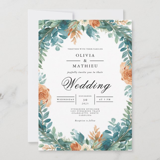Teal Orange Floral Wreath Wedding Invitation (Front)