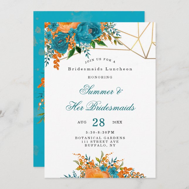 Teal Orange Gold Floral Bridesmaids Luncheon Invitation (Front/Back)