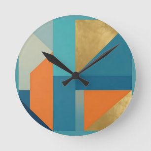 Teal Orange Gold Geometric Abstract Round Clock