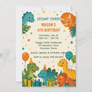 Teal Orange Green Dinosaur 4th Birthday Party Invitation