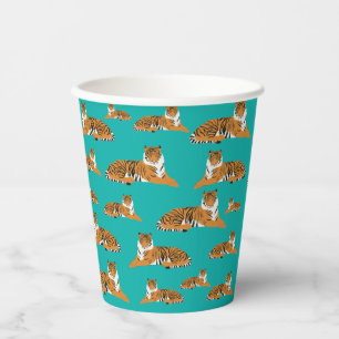 Teal Orange Jungle Tiger Animal Pattern Paper Cups