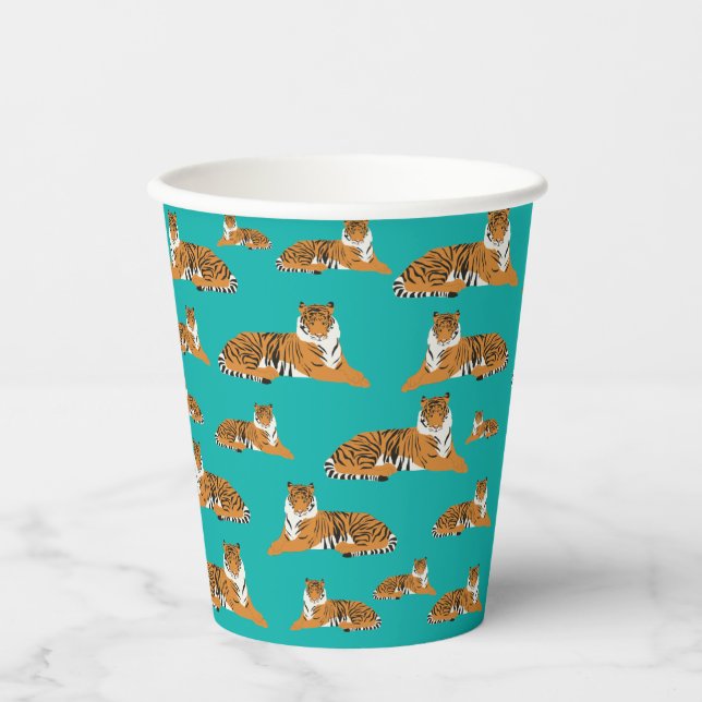 Teal Orange Jungle Tiger Animal Pattern  Paper Cups (Front)
