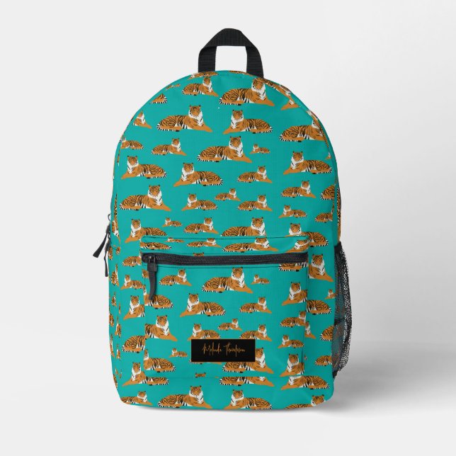 Teal Orange Jungle Tiger Animal Pattern   Printed Backpack (Front)