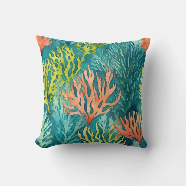  Teal Orange Ocean Seaweed Coral Beachy Nautical  Cushion (Front)