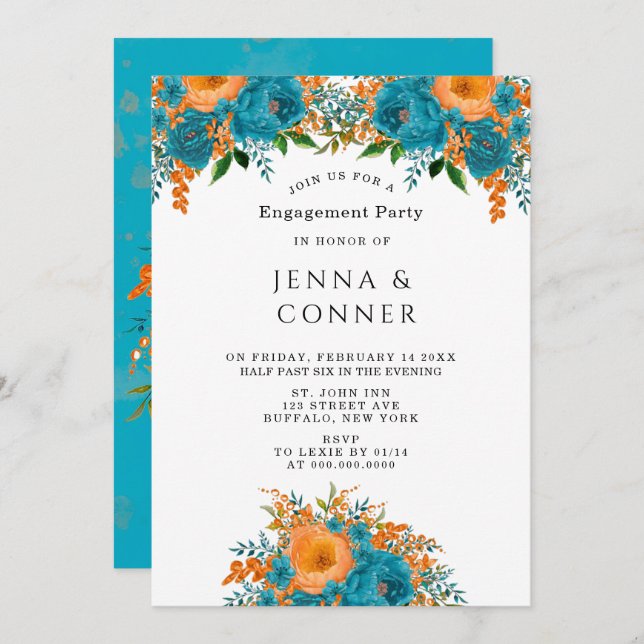 Teal Orange Painted Floral Engagement Party Invitation (Front/Back)