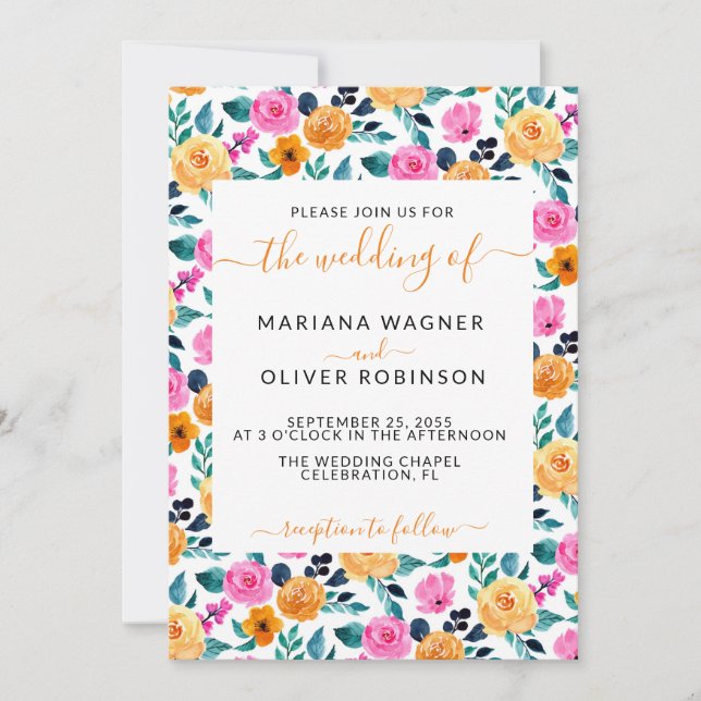 Teal Orange Pink Simple Floral Elegant Script Invitation (Front)