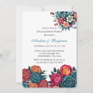 Teal Orange Red Peony Bouquet Engagement Party Invitation