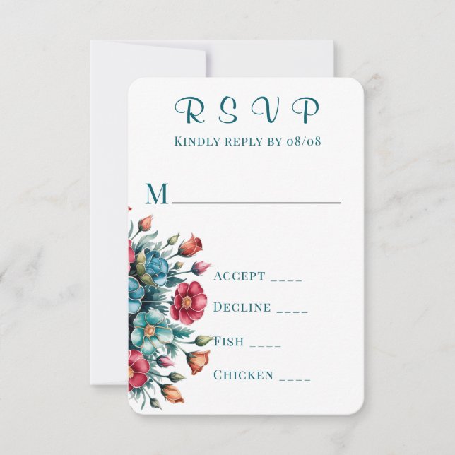 Teal Orange Red Peony Wedding RSVP Cards (Front)