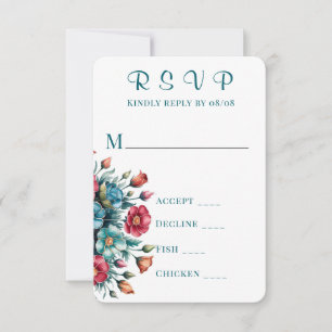 Teal Orange Red Peony Wedding RSVP Cards