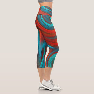 Teal Orange Swirling Abstract Modern Pattern Capri Leggings