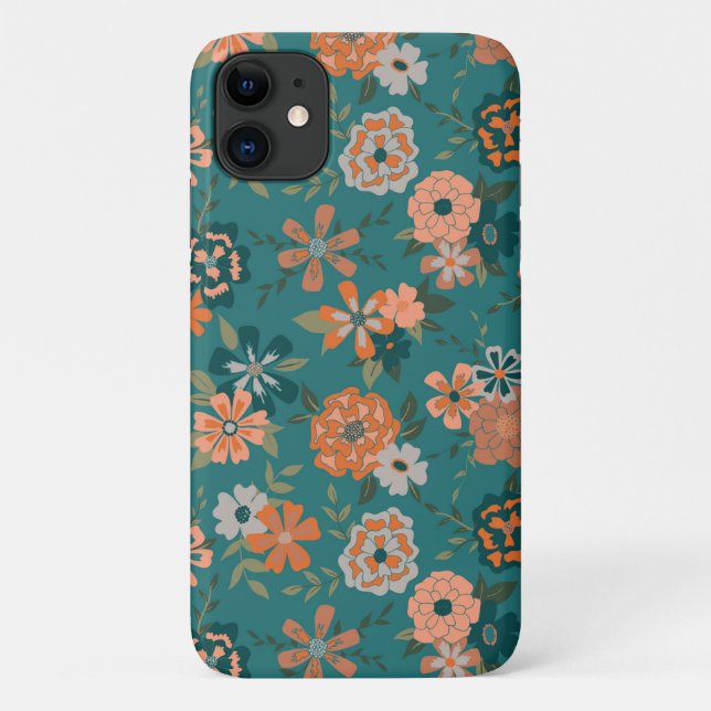 Teal Orange Trendy Floral Vine Flower Pattern Case-Mate iPhone Case (Back)