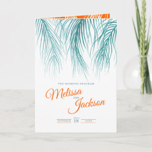 Teal orange tropical palms watercolor art wedding programme
