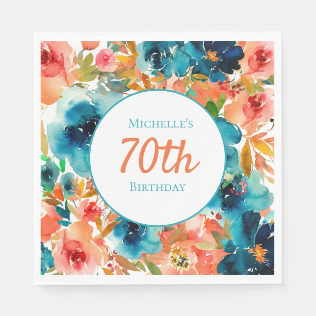 Teal Orange Watercolor Floral 70th Birthday   Napkin (Front)