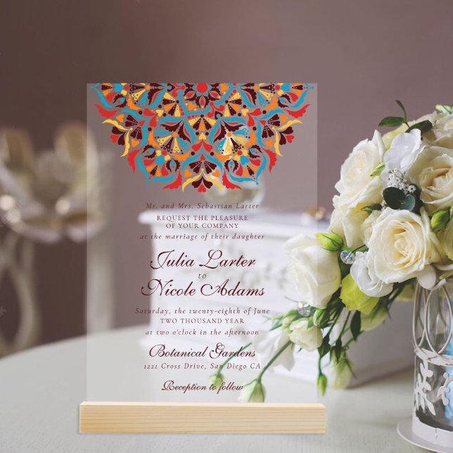 Teal Orange Whimsical Floral Mandala Wedding Acrylic Invitations (Creator Uploaded)