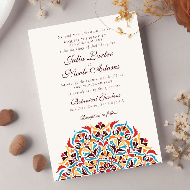 Teal Orange Whimsical Floral Mandala Wedding Invitation (Creator Uploaded)