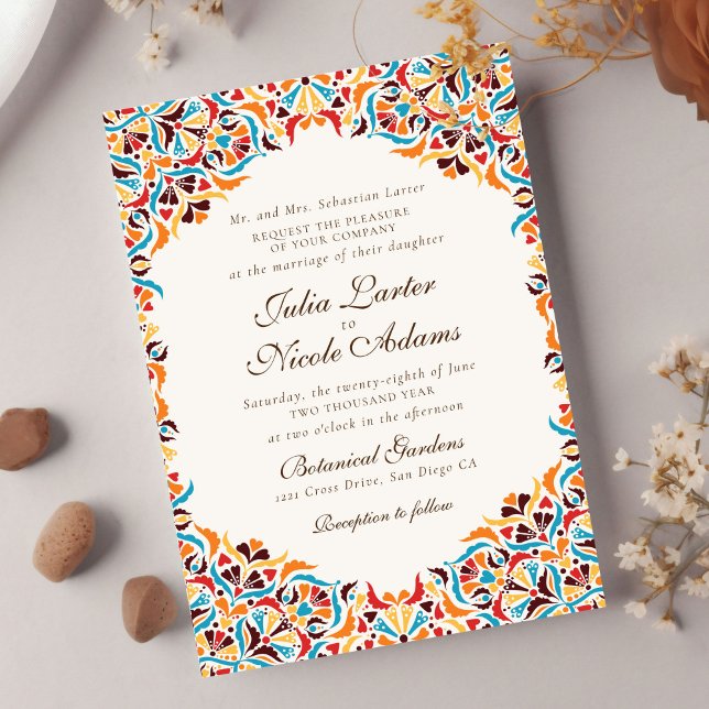 Teal Orange Whimsical Floral Mandala Wedding Invitation (Creator Uploaded)