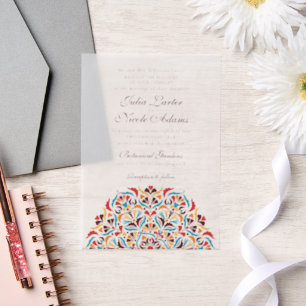 Teal Orange Whimsical Floral Mandala Wedding Vellum Invitations
