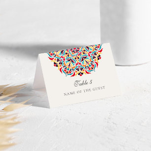 Teal Orange Whimsical Floral Wedding Place Card
