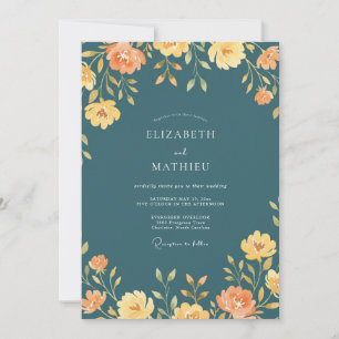 Teal Orange Wildflower Wedding Invitation