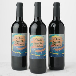 Teal, Orange, Yellow & Coral Brushstrokes Wine Label