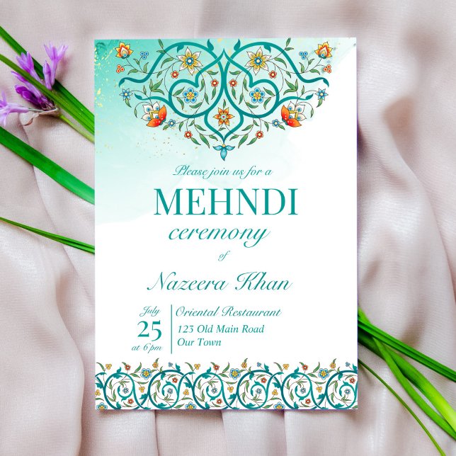 Teal oriental ornament pattern Islamic mehndi Invitation (Creator Uploaded)