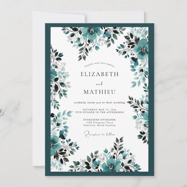 Teal Ornate Botanical Wedding Invitation (Front)