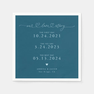 Teal Our Love Story Script Hearts Wedding Napkin
