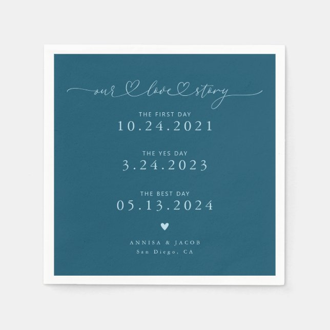 Teal Our Love Story Script Hearts Wedding Napkin (Front)