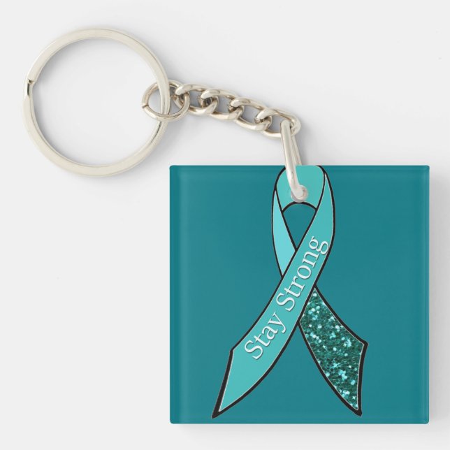 Teal Ovarian Cancer Awareness Ribbon and Butterfly Key Ring (Front)