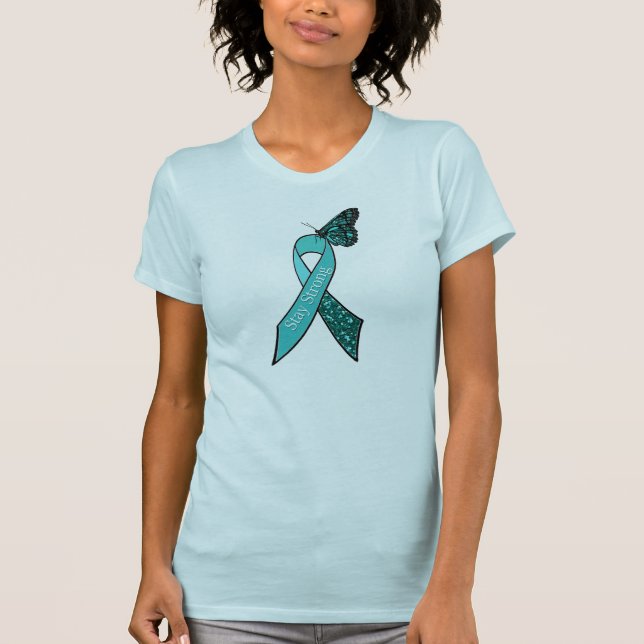 Teal Ovarian Cancer Awareness Ribbon and Butterfly T-Shirt (Front)