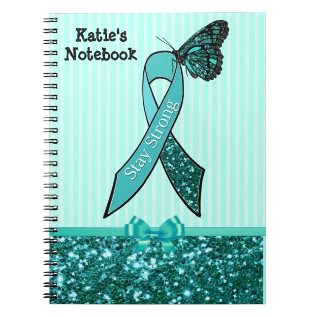 Teal Ovarian Cancer Awareness Ribbon & Butterfly C Spiral Notebook (Front)