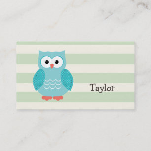 Teal Owl on Pastel Green Stripes Business Card