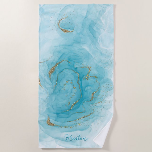 Teal Paint and Glitter Pattern Personalised Beach Towel (Front)