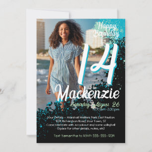 Teal Paint Splatter Photo 14th Birthday Invitation