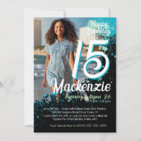 Teal Paint Splatter Photo 15th Birthday Invitation