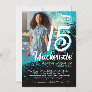 Teal Paint Splatter Photo 15th Birthday Invitation