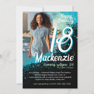 Teal Paint Splatter Photo 18th Birthday Invitation