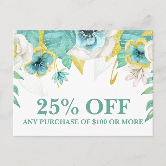 Teal Painted Floral Marketing Promotions Sale Post Postcard (Front)