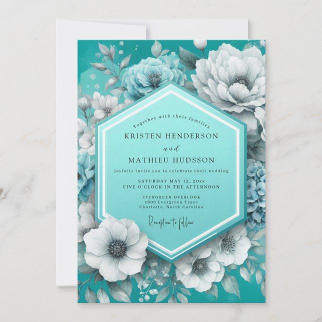 Teal Painterly Anemone Wedding Invitation (Front)