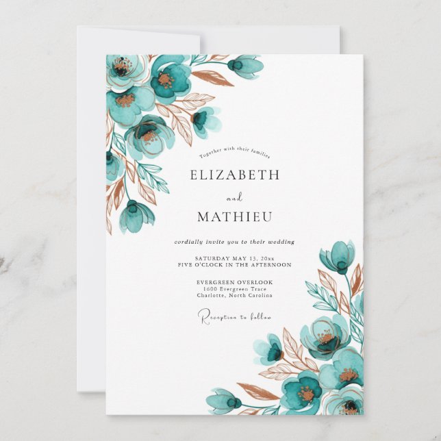 Teal Painterly Bloom Wedding Invitation (Front)