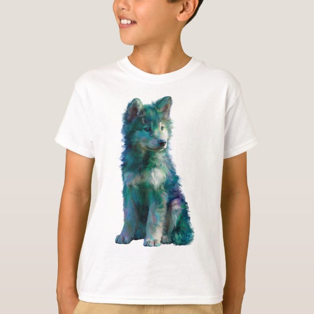 Teal Painterly Wolf Pup Kids T-Shirt (Front)