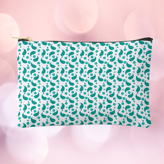Teal Paisley Floral Pattern • Modern Boho  Accessory Pouch (A bag with a blue & green paisley floral boho pattern.)