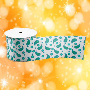 Teal Paisley Floral Pattern  Satin Ribbon
