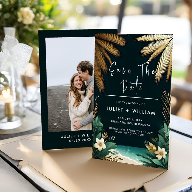 Teal Palm Beach Green And Gold Wedding Save The Date (Creator Uploaded)