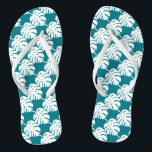 Teal palm leaf print beach slippers or flip flops<br><div class="desc">Teal green palm leaf print beach slippers or flip flops. Trendy sandals with Monstera Deliciosa leaves pattern design. Tropical design for summer or exotic beach destination wedding or honeymoon in the Caribbean, Hawaii etc. Cute gift idea for women. Customisable background colour. Make your own for bride and groom, guests, friend...</div>