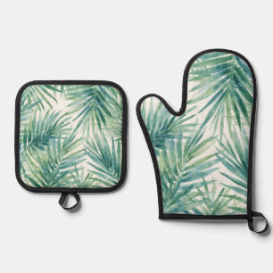Teal Palm Leaves Oven Mitt & Pot Holder Set